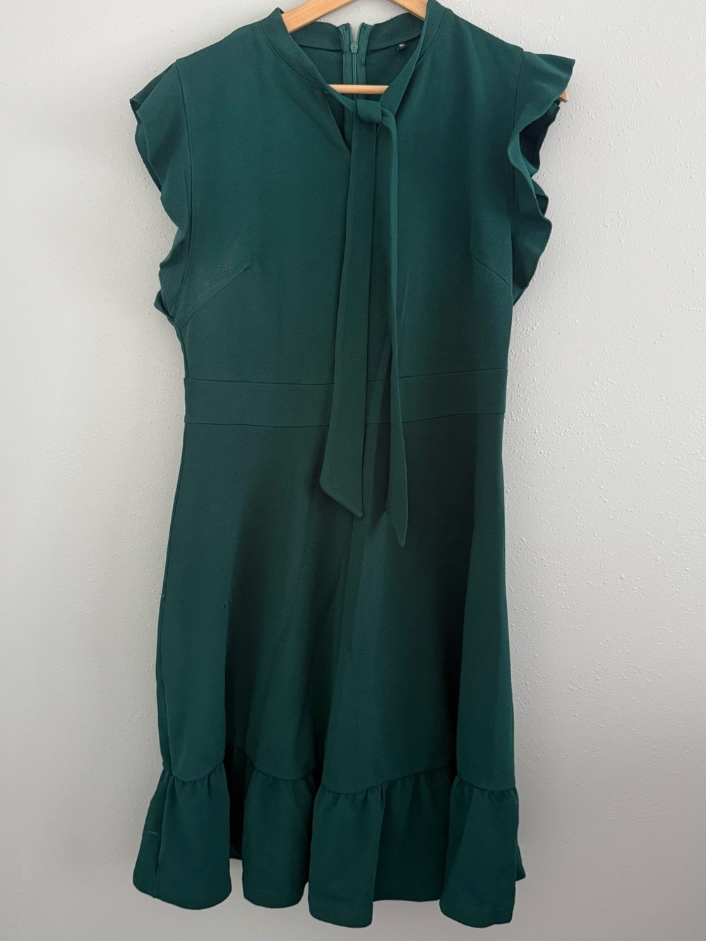 Tie-Neck Ruffle Midi Dress in Deep Green